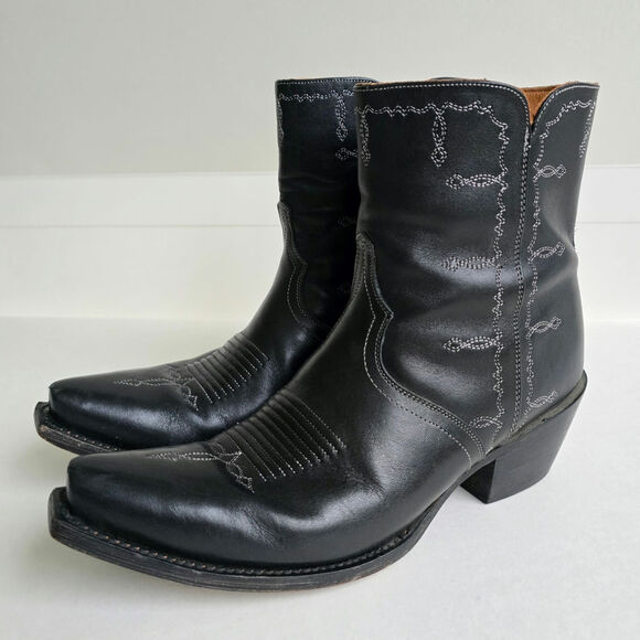 Lucchese Mila Boots Size 8 Black Leather Short Boot Side Zip Snub Toe Embroidery - Picture 4 of 16